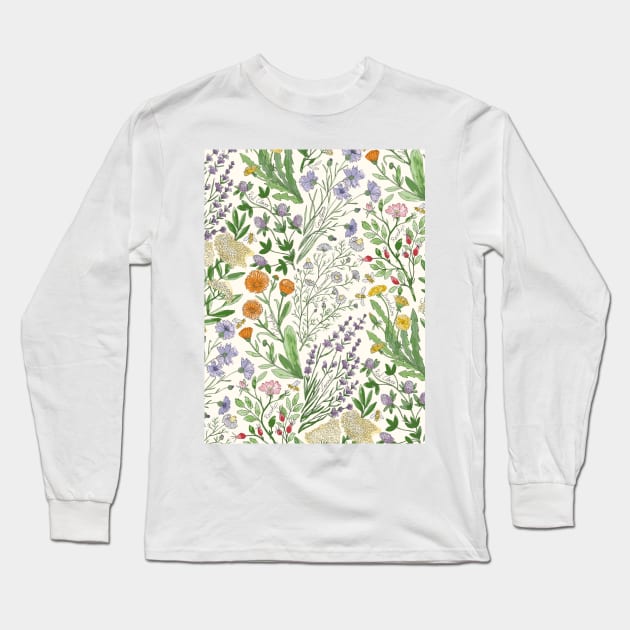Wildflowers Lavender, chamomile, Calendula, Red Clover, cornflower, Dandelion, elderflower, Rosehip, bee Long Sleeve T-Shirt by DenesAnnaDesign